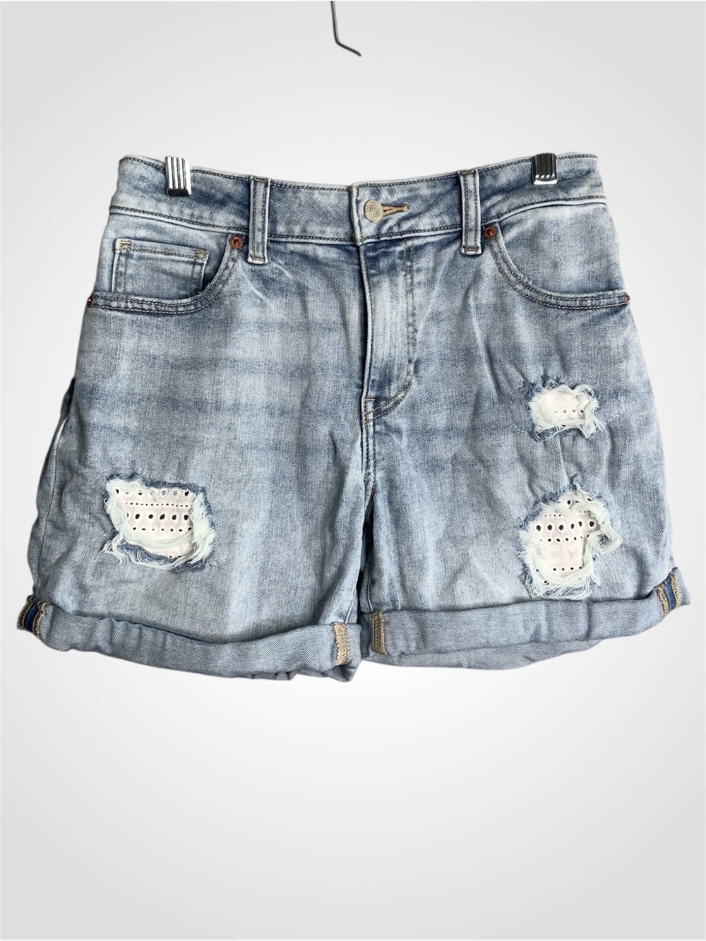Maurices Light Blue Distressed Denim Shorts with Eyelet Patch Details Size 2